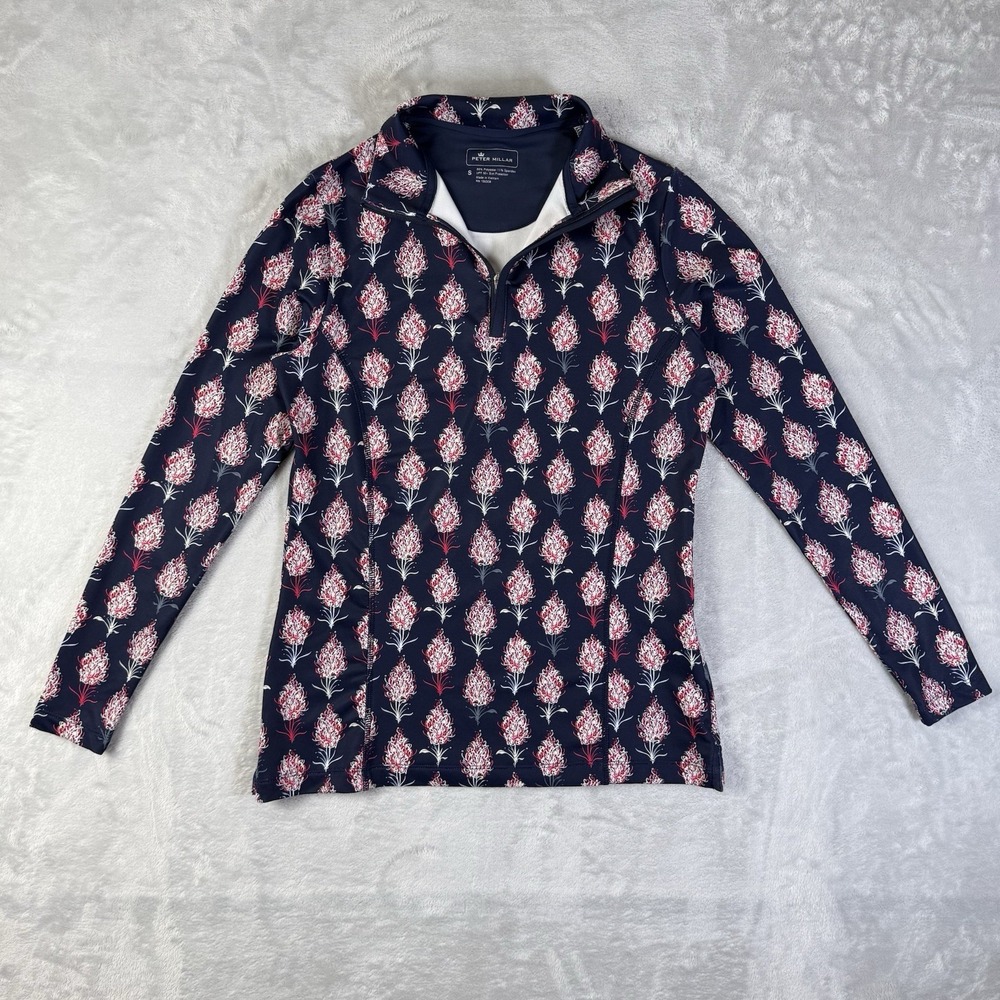 Peter Millar 1/4 Zip Athletic Long Sleeve Women's Small Navy‎ Floral Lightweight